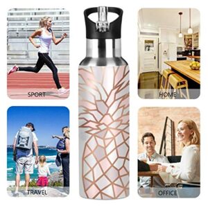 OREZI Rose Gold Pineapple On Pink And White Marble Water Bottle Thermos with Straw Lid for Boys Girls,600 ml,Leakproof Stainless-Steel Sports Bottle for Women Men Teenage
