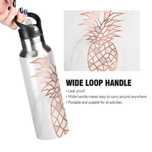 OREZI Rose Gold Pineapple On Pink And White Marble Water Bottle Thermos with Straw Lid for Boys Girls,600 ml,Leakproof Stainless-Steel Sports Bottle for Women Men Teenage