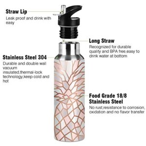 OREZI Rose Gold Pineapple On Pink And White Marble Water Bottle Thermos with Straw Lid for Boys Girls,600 ml,Leakproof Stainless-Steel Sports Bottle for Women Men Teenage