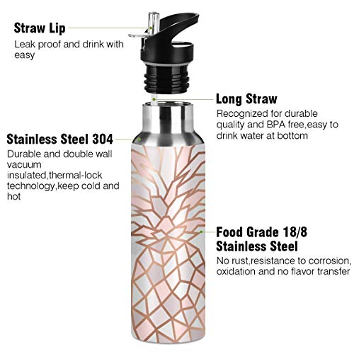 OREZI Rose Gold Pineapple On Pink And White Marble Water Bottle Thermos with Straw Lid for Boys Girls,600 ml,Leakproof Stainless-Steel Sports Bottle for Women Men Teenage