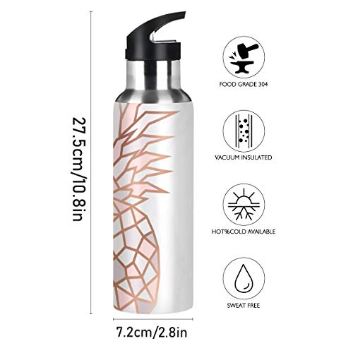 OREZI Rose Gold Pineapple On Pink And White Marble Water Bottle Thermos with Straw Lid for Boys Girls,600 ml,Leakproof Stainless-Steel Sports Bottle for Women Men Teenage