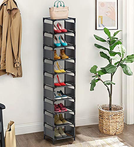 barsone 10 Tiers Shoe Rack, Vertical Narrow Shoe Rack, 10 Pairs Tall Shoe Rack Organizer for Small Space, Free Standing Shoe Shelf for Closet Entryway Hallway