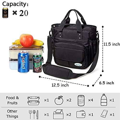 Scorlia Insulated Lunch Bag, Extra Large Leakproof Lunch Tote Bag With Removable Shoulder Strap, Durable Reusable Cooler lunch Box Bag with Side Pockets, Tall Drinks Holder for Women Men Work, Black