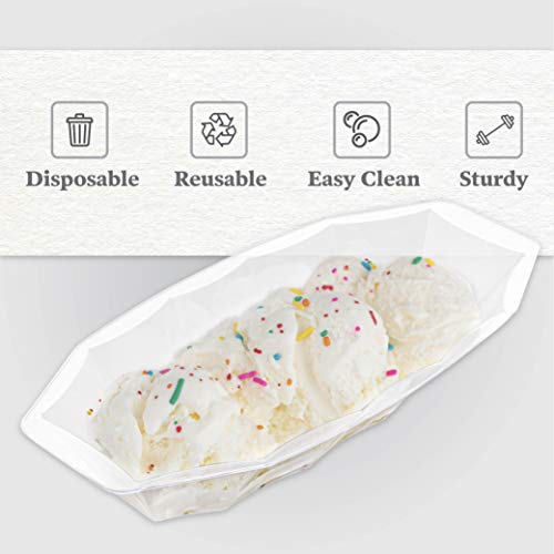 Plasticpro Disposable Hard Plastic Oblong Serving Boat 15 oz for Dips, Sauces, Snacks, Candy, Nosh,Birthday Party, Banana Split, or Salad Bowl Pack of 12 Clear