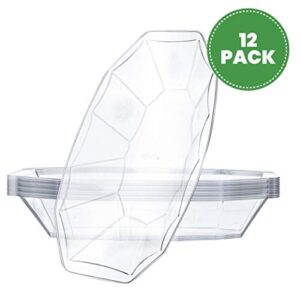 Plasticpro Disposable Hard Plastic Oblong Serving Boat 15 oz for Dips, Sauces, Snacks, Candy, Nosh,Birthday Party, Banana Split, or Salad Bowl Pack of 12 Clear