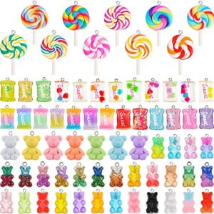 hicarer 70 pieces colorful candy pendant charm for jewelry making cute gummy candy bear lollipops pendant charms polymer clay resin charms for diy keychain necklace bracelet earring craft