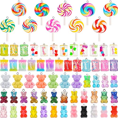 Hicarer 70 Pieces Colorful Candy Pendant Charm for Jewelry Making Cute Gummy Candy Bear Lollipops Pendant Charms Polymer Clay Resin Charms for DIY Keychain Necklace Bracelet Earring Craft