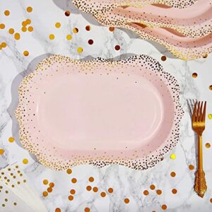 24-Pack Pink Disposable Serving Trays, Gold Foil Polka Dotted Party Platters for Wedding, Birthday, Tea Party, Brunch Decorations, Table Centerpiece, Home Decor (9x13 in)