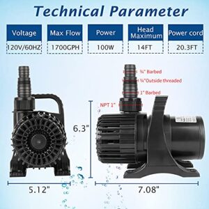 WaterRebirth (1700GPH-120W,UL listed) PS- High Flow Submersible Water Pump - Pond Pump - Submersible Pump - Water Fountain Pump - Aquarium Pump,PS-1700