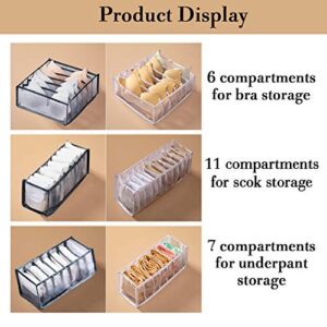 3 Pack Sock & Bra Drawer Organizer, Foldable Clothes Drawer Organizer, Drawer Organizers for Clothing, Dresser Drawer Organizers for Scarves, Clothes, Stockings(Gray, 6 Grid+7 Grid+11 Grid)