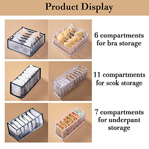 3 Pack Sock & Bra Drawer Organizer, Foldable Clothes Drawer Organizer, Drawer Organizers for Clothing, Dresser Drawer Organizers for Scarves, Clothes, Stockings(Gray, 6 Grid+7 Grid+11 Grid)