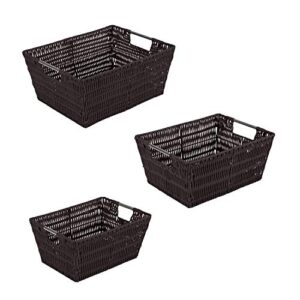 simplify 3 pack set woven baskets with handles, for storage, blankets, toys, books, ideal for home, office, dorm, playroom, closet, in chocolate 3 piece rattan tote