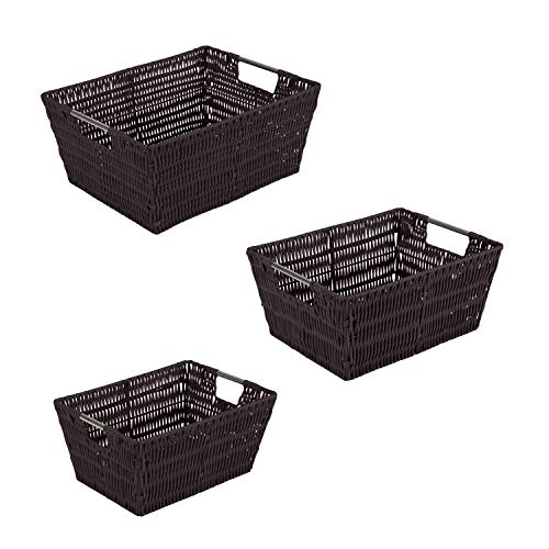 Simplify 3 Pack Set Woven Baskets with Handles, for Storage, Blankets, Toys, Books, Ideal for Home, Office, Dorm, Playroom, Closet, in Chocolate 3 Piece Rattan Tote