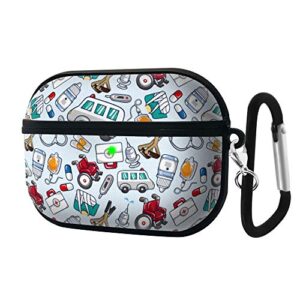 slim form fitted printing pattern cover case with carabiner compatible with airpods pro 2019 / medical doctor icons doodle