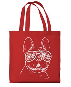 travel accessories french bulldog wearing sunglasses red canvas tote bag