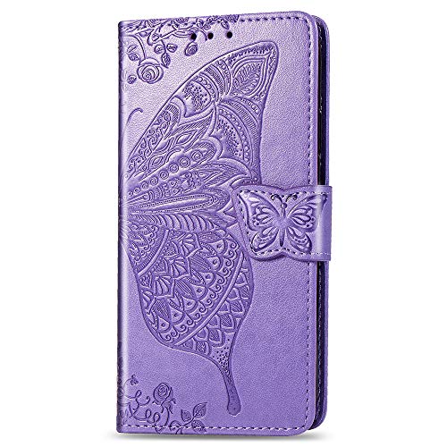 EMAXELER Xiaomi Redmi Note 9 Case Slim Shockproof Magnetic Closure Retro PU Leather Folio Flip Wallet Cover Case with Stand Card Slot for Xiaomi Redmi Note 9 Flower Butterfly Light Purple SD