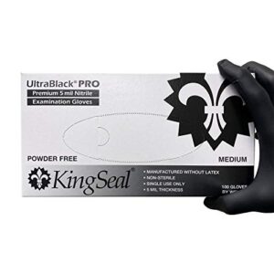 kingseal ultrablack-pro medium nitrile medical grade exam gloves, black, 5 mil, textured fingertips - 1 box of 100 gloves