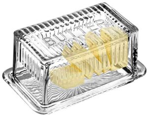 bezrat glass butter dish with lid - butter keeper - 100% food safe - dishwasher safe - antique look with the word "butter" engraved on top - fits east and west coast butter sticks
