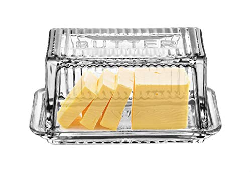 Bezrat Glass Butter Dish with Lid - Butter keeper - 100% Food Safe - Dishwasher Safe - Antique Look with the word "BUTTER" engraved on top - Fits East and West Coast butter sticks