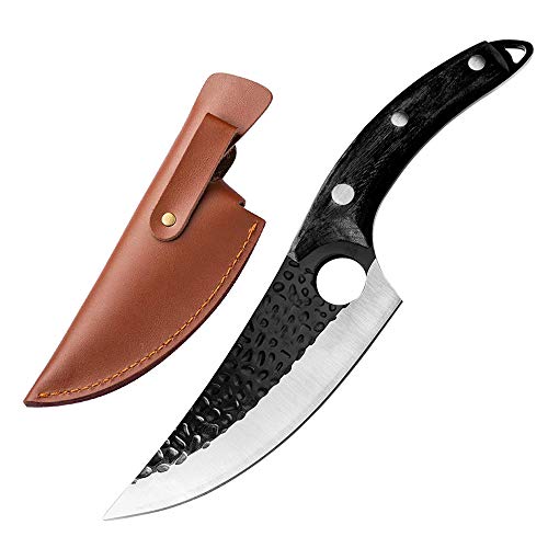 Huusk Viking Knives, Butcher Knife Black Forged Boning Knives with Sheath Japanese Fillet Meat Cleaver Knives Full Tang Japan knives Chef Knife for Kitchen, Camping, BBQ