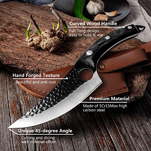 Huusk Viking Knives, Butcher Knife Black Forged Boning Knives with Sheath Japanese Fillet Meat Cleaver Knives Full Tang Japan knives Chef Knife for Kitchen, Camping, BBQ