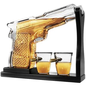 pistol gun whiskey decanter bottle with bullet shot glasses. liquor decanter set for vodka, scotch, bourbon