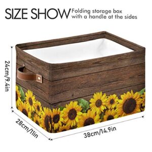 HMZXZ Summer Floral Sunflower Wood Canvas Fabric Storage Basket Collapsible Toys Storage Bin with PU Leather Handles Basket Box Organizer for Wardrobe Closet Shelves Organiser