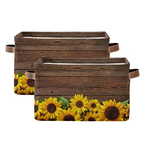 HMZXZ Summer Floral Sunflower Wood Canvas Fabric Storage Basket Collapsible Toys Storage Bin with PU Leather Handles Basket Box Organizer for Wardrobe Closet Shelves Organiser