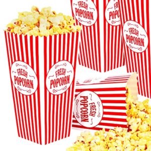 [50 pack] movie theater popcorn boxes disposable red & white striped - 46 oz capacity - vintage snack box concession and carnival party supplies, individual popcorn bucket containers