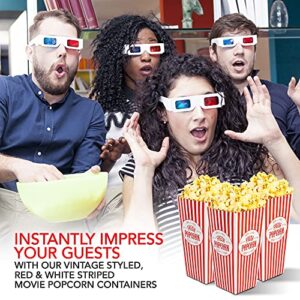 [50 Pack] Movie Theater Popcorn Boxes Disposable Red & White Striped - 46 oz Capacity - Vintage Snack Box Concession and Carnival Party Supplies, Individual Popcorn Bucket Containers