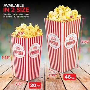 [50 Pack] Movie Theater Popcorn Boxes Disposable Red & White Striped - 46 oz Capacity - Vintage Snack Box Concession and Carnival Party Supplies, Individual Popcorn Bucket Containers