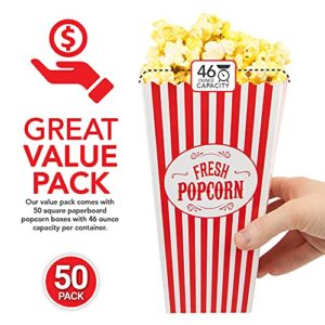 [50 Pack] Movie Theater Popcorn Boxes Disposable Red & White Striped - 46 oz Capacity - Vintage Snack Box Concession and Carnival Party Supplies, Individual Popcorn Bucket Containers