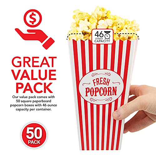 [50 Pack] Movie Theater Popcorn Boxes Disposable Red & White Striped - 46 oz Capacity - Vintage Snack Box Concession and Carnival Party Supplies, Individual Popcorn Bucket Containers