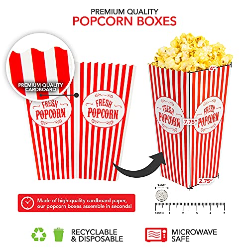 [50 Pack] Movie Theater Popcorn Boxes Disposable Red & White Striped - 46 oz Capacity - Vintage Snack Box Concession and Carnival Party Supplies, Individual Popcorn Bucket Containers