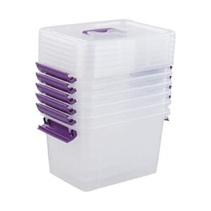 Utiao Clear Plastic Bin with Lid, 6 Quart Latching Box with Purple Handle, 6 Packs
