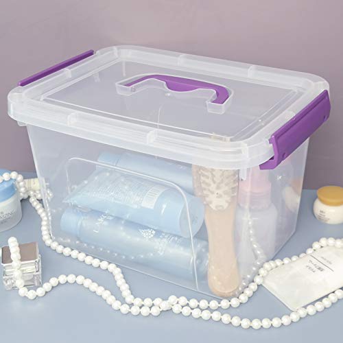 Utiao Clear Plastic Bin with Lid, 6 Quart Latching Box with Purple Handle, 6 Packs