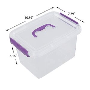 Utiao Clear Plastic Bin with Lid, 6 Quart Latching Box with Purple Handle, 6 Packs