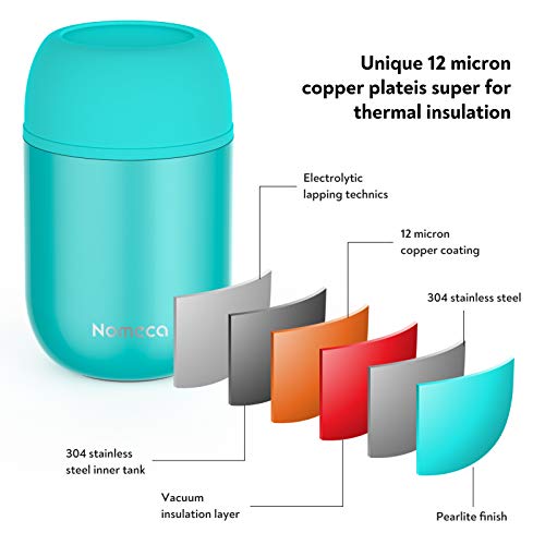 Nomeca Hot Containers for Kids Lunch Box - Wide Mouth Keep Food Drinks Hot Warm Cold Box, 16Oz Thermal Soup Bowl With Spoon Stainless Steel Vacuum Food Flask for School Office Outdoor, Teal