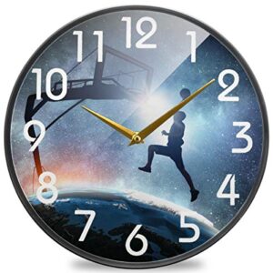 naanle cool space basketball player round wall clock, 9.5 inch silent battery operated quartz analog quiet desk clock for home,office,school