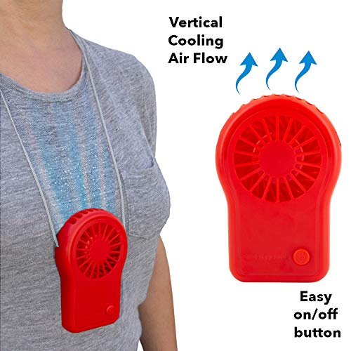 Simply Genius Personal Necklace Fan, Battery Operated, Portable Neck Fan for Cooling and Travel with Adjustable Lanyard, Red