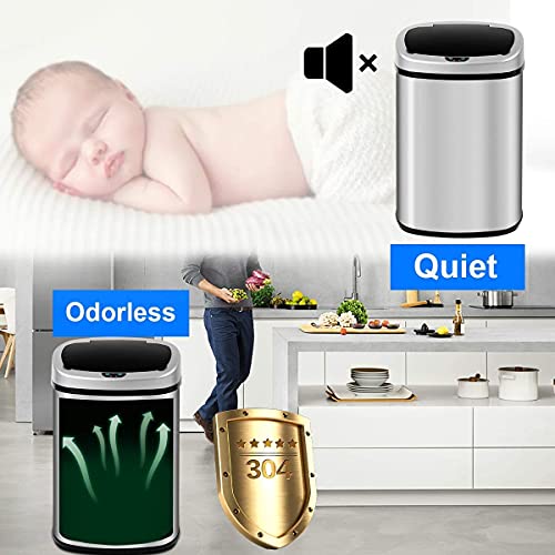 13 Gallon Kitchen Trash Can Automatic Stainless Steel Garbage Can Touch Free Trash Can with Lid Motion Sensor Waste Bin for Kitchen Home Office Living Room Bedroom