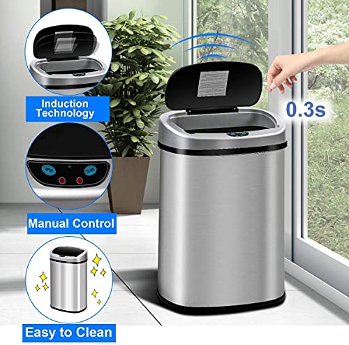 13 Gallon Kitchen Trash Can Automatic Stainless Steel Garbage Can Touch Free Trash Can with Lid Motion Sensor Waste Bin for Kitchen Home Office Living Room Bedroom