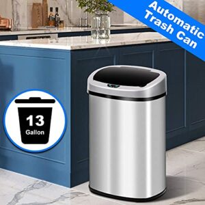 13 Gallon Kitchen Trash Can Automatic Stainless Steel Garbage Can Touch Free Trash Can with Lid Motion Sensor Waste Bin for Kitchen Home Office Living Room Bedroom