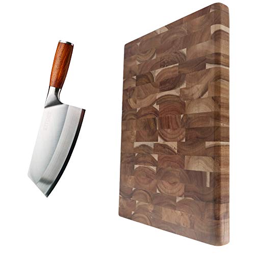 Kitory 7 Inch Knife High Carbon German Steel Chinese Chef Knife, Vegetable Cleaver Anti-rust Kitchen Knife, Heavy Duty Cutting Boards - Large Size Acacia Wood Board - Ultra Thick Kitchen Cutting Board