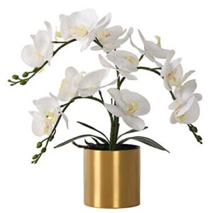 lesing artificial orchid flower with vase, white orchid bonsai faux orchid phalaenopsis plant pot arrangements for home decoration (white,gold vase)