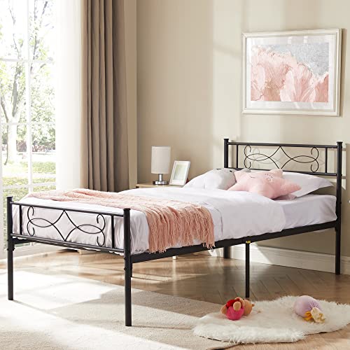 VECELO Twin Size Bed Frame Metal Platform/Mattress Foundation with headboard Footboard/Steel Slat Support/No Box Spring Needed/Easy Assembly