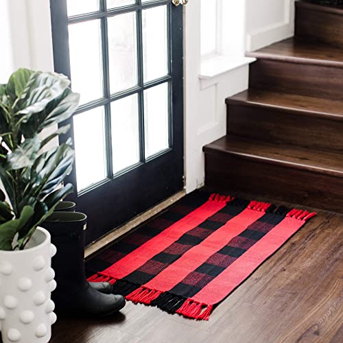 Red and Black Buffalo Plaid Rug I Machine Washable Front Door Mat | Farmhouse Rug 41” x 23” Buffalo Plaid Decor I Red Rug | Christmas Rug