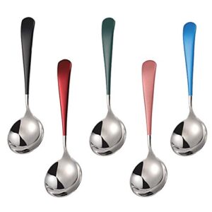 soup spoons stainless steel, 18/10 round head soup spoons, modern thick short handle 304 stainless steel korean spoon, dinner metal spoons for soup, grain,dessert,milk,tea,coffee, 6.3 inch, set of 5