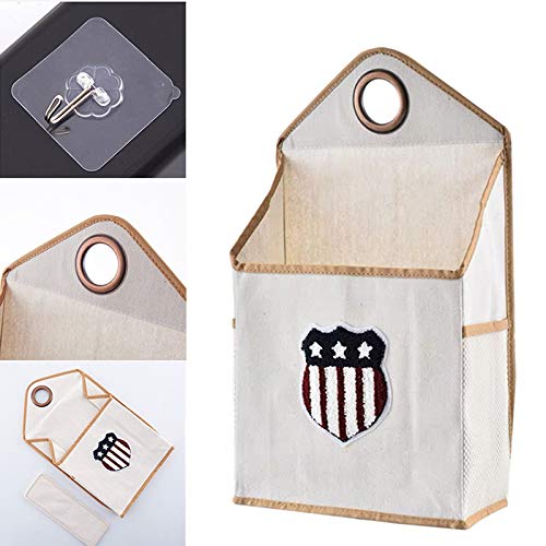 Household Wall-Hanging Storage Bags with Hook Pockets Cotton Linen Storage Basket Family Organizer Box Containers (Beige)