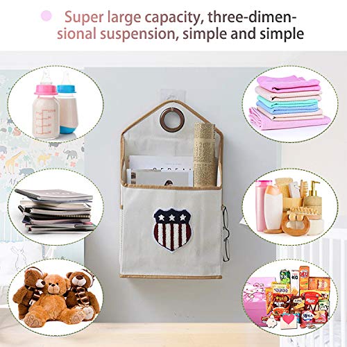 Household Wall-Hanging Storage Bags with Hook Pockets Cotton Linen Storage Basket Family Organizer Box Containers (Beige)